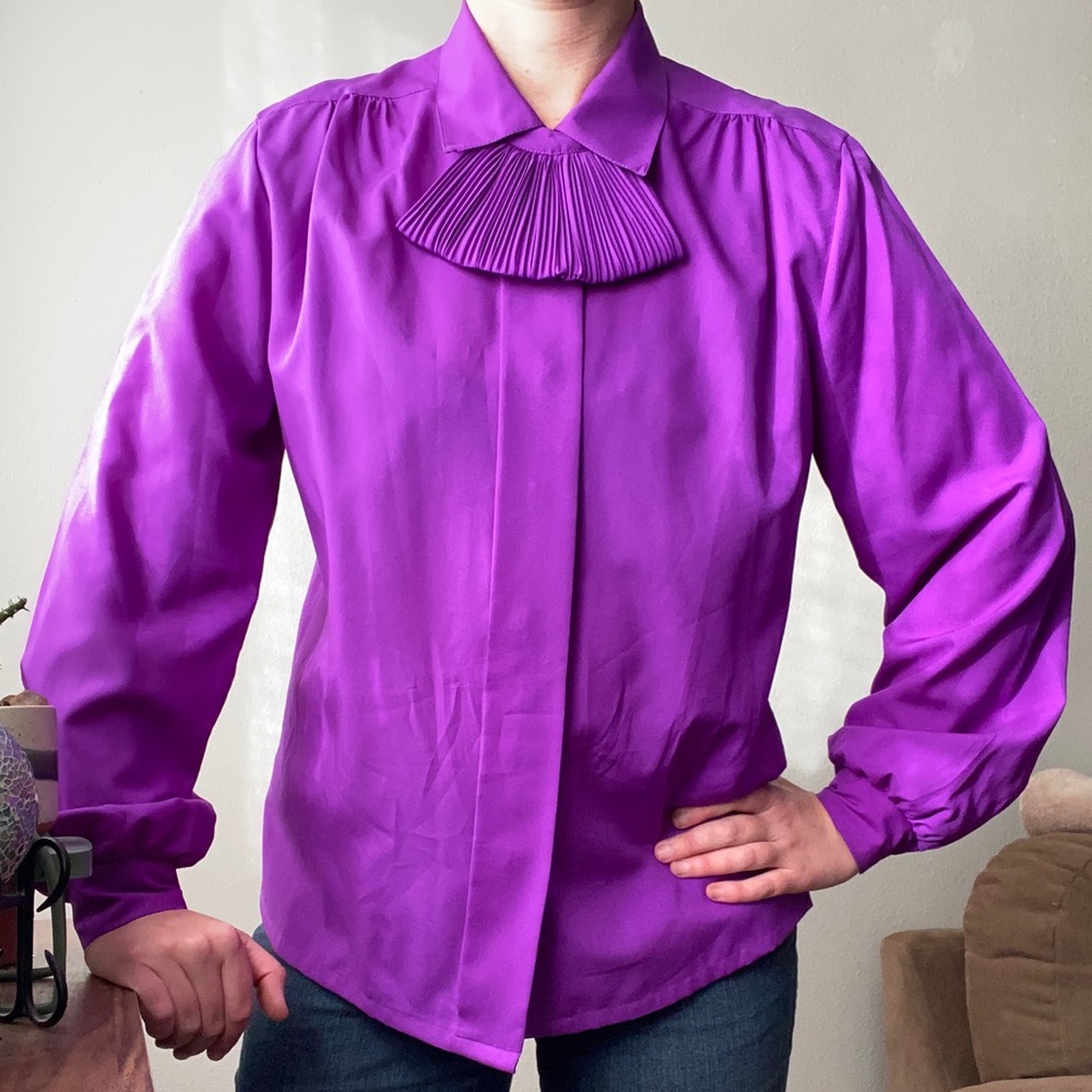 70s Purple Jabot Long Sleeve Blouse VINTAGE